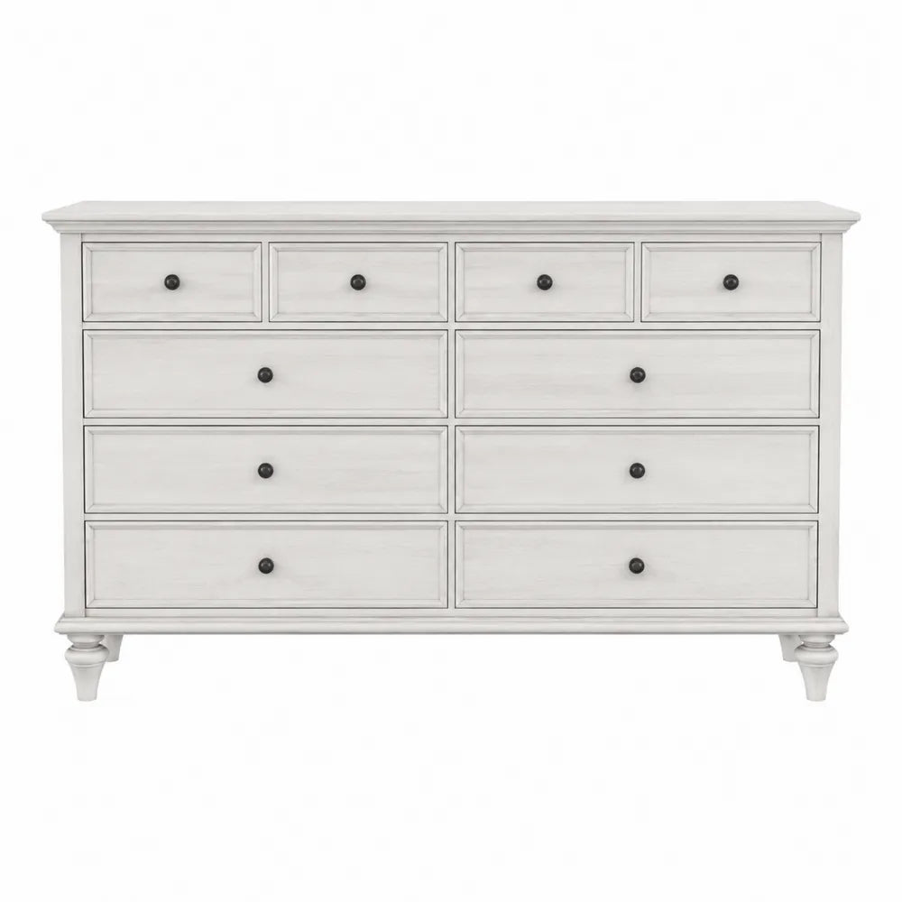 Commode rectangulaire 160 x 45 x 90 cm en MDF blanc patiné avec 10 tiroirs et poignées noires