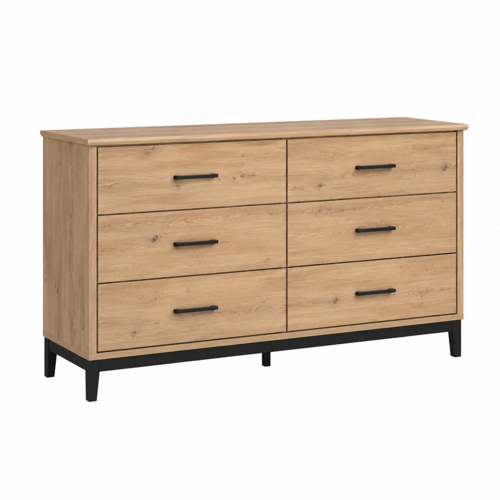 Commode rectangulaire 140 x 40 x 78 cm en décor chêne naturel avec 6 tiroirs et pieds en métal noir