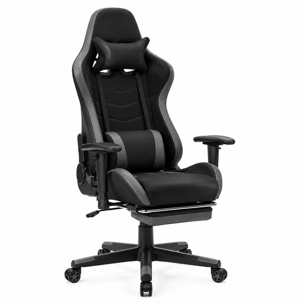 Chaise de bureau gaming pivotante 70 cm x 70 cm x 124-134 cm en simili cuir PU noir et gris avec repose-pieds et roulettes