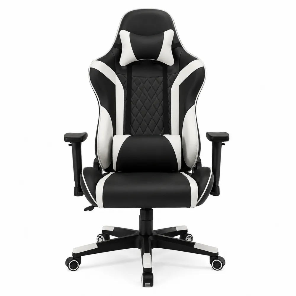 Chaise de bureau gaming pivotante à roulettes en similicuir PU noir et blanc réglable 70 x 65 x 125 à 135 cm