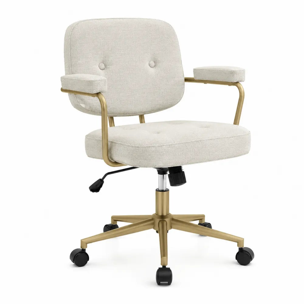 Chaise de bureau pivotante à roulettes en tissu polyester beige avec base en acier doré et réglage en hauteur 63 x 60 x 86 à 96 cm