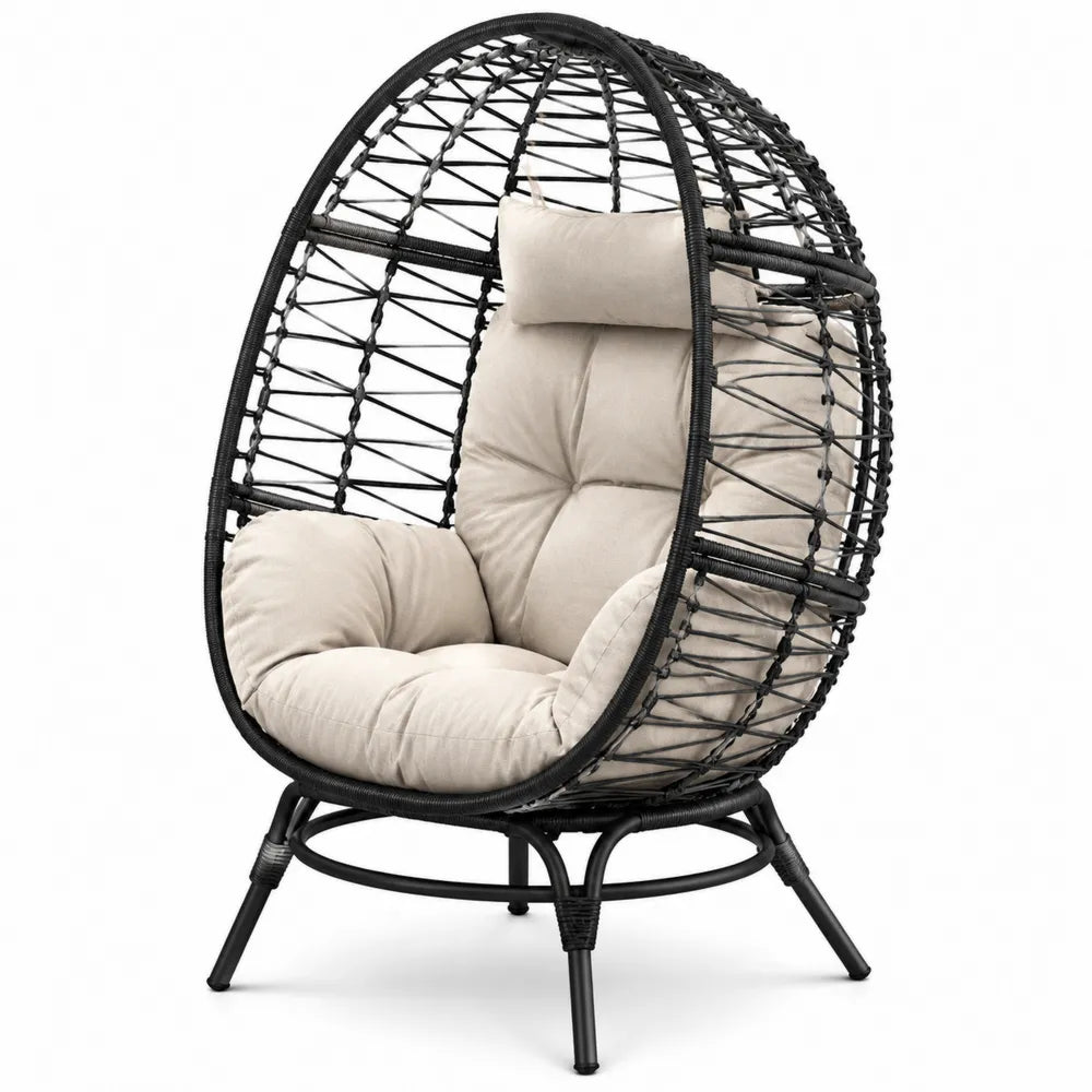 Fauteuil œuf de jardin 1 place acier thermolaqué noir résine tressée noire coussins polyester écru 98 cm x 94 cm x 150 cm