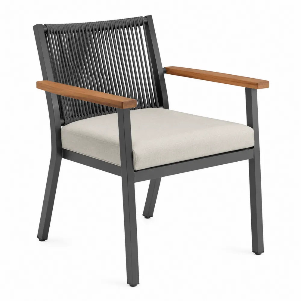 Fauteuil de jardin avec accoudoirs en bois et dossier en corde tressée 60 x 60 x 85 cm acier noir et coussin beige