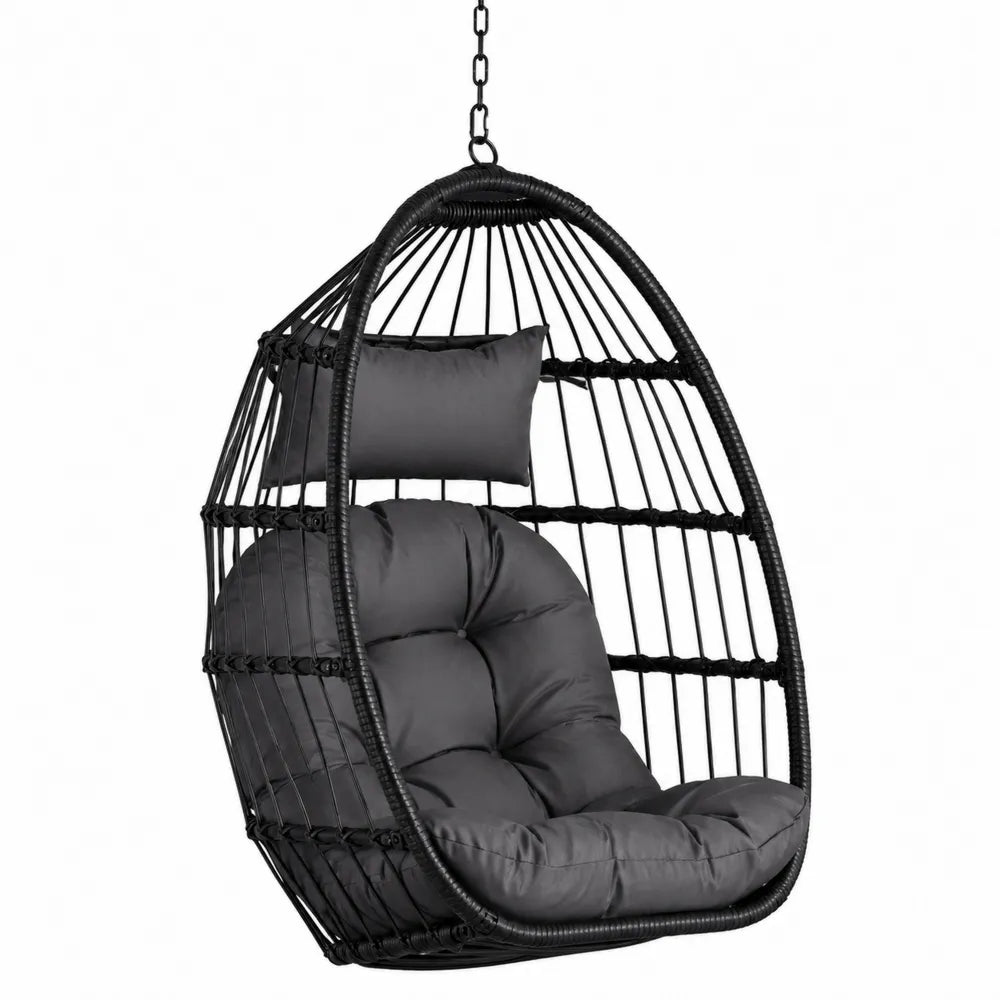 Fauteuil suspendu de jardin 1 place en résine tressée PE noir avec coussins gris anthracite 95 x 75 x 120 cm