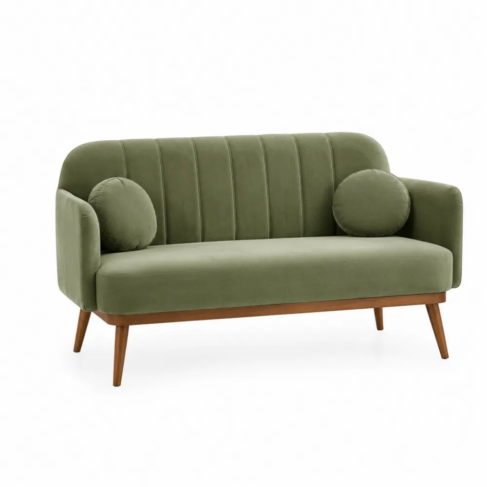 Canapé deux places velours polyester vert olive structure pin massif pieds bois naturel 150 x 77 x 80 cm rectangulaire