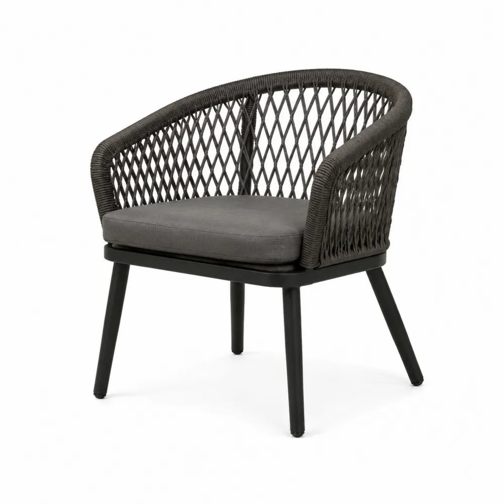 Fauteuil de jardin 1 place en corde tressée anthracite avec coussin gris cadre acier thermolaqué noir
