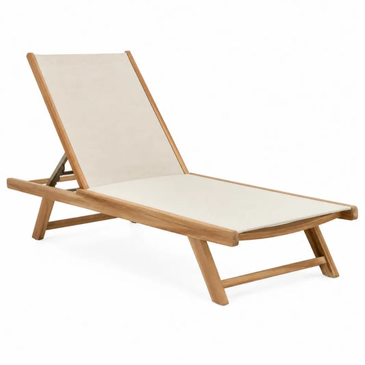 Chaise longue d'extérieur réglable en bois d’acacia massif et toile polyester beige 195 cm x 65 cm x 86 cm