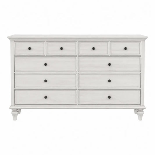 Commode rectangulaire 160 x 45 x 90 cm en MDF blanc patiné avec 10 tiroirs et poignées noires