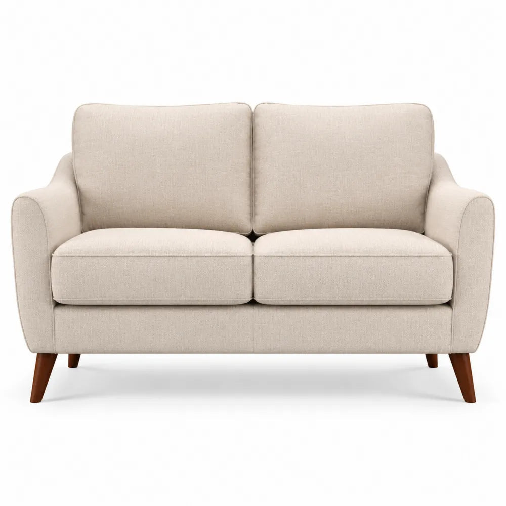 Canapé 2 places 150 cm x 84 cm x 88 cm tissu polyester beige pieds bois massif finition noyer