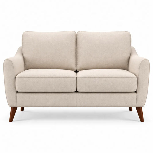 Canapé 2 places 150 cm x 84 cm x 88 cm tissu polyester beige pieds bois massif finition noyer