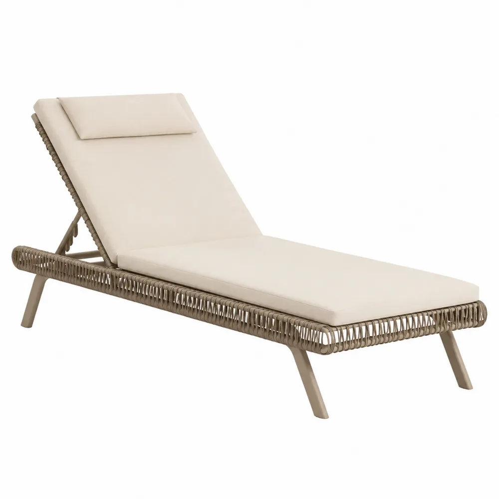 Chaise longue de jardin réglable en corde tressée et coussin beige structure métal taupe 190 x 65 x 85 cm