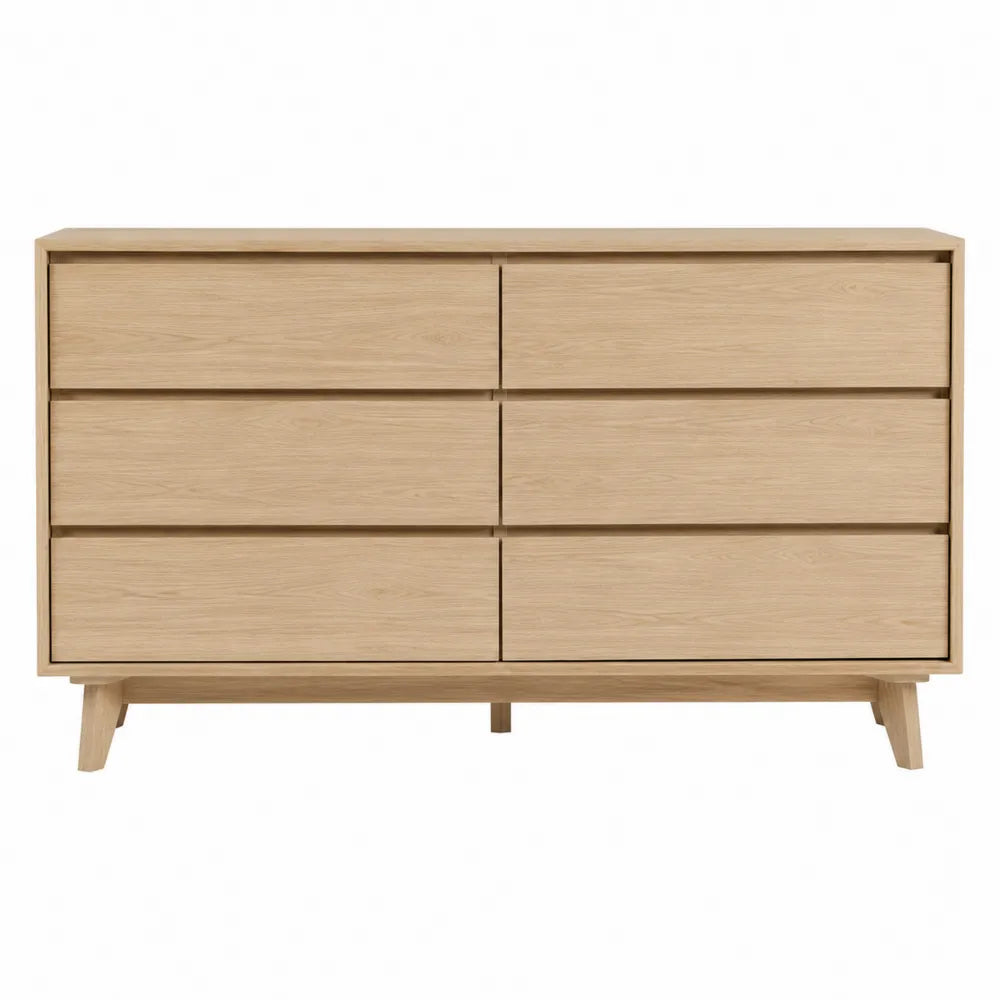 Commode rectangulaire 140 x 42 x 78 cm en placage chêne naturel avec 6 tiroirs et pieds en bois