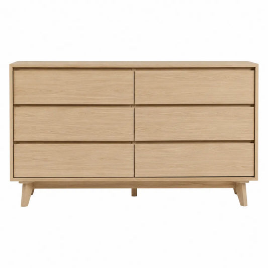 Commode rectangulaire 140 x 42 x 78 cm en placage chêne naturel avec 6 tiroirs et pieds en bois