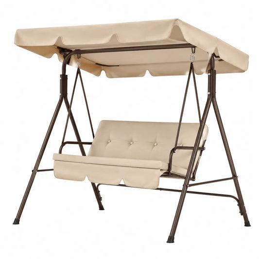 Fauteuil balancelle de jardin 3 places avec auvent en acier thermolaqué brun et coussins polyester beige 170 x 110 x 153 cm