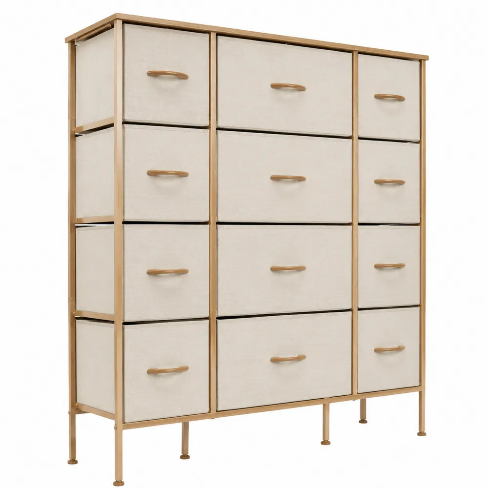 Commode 110 cm x 30 cm x 120 cm en acier doré MDF et tissu polyester beige avec 12 tiroirs