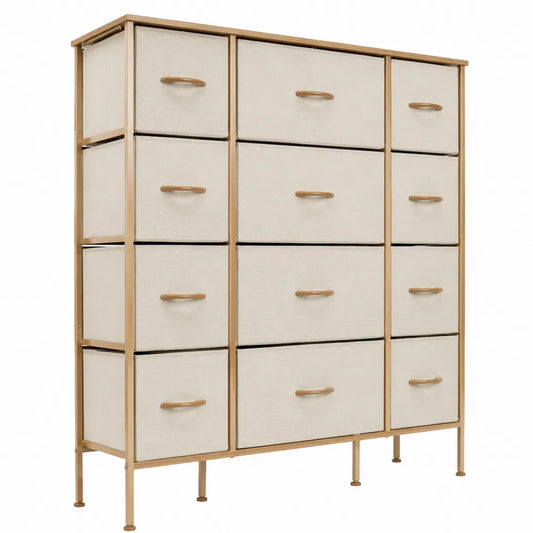 Commode 110 cm x 30 cm x 120 cm en acier doré MDF et tissu polyester beige avec 12 tiroirs
