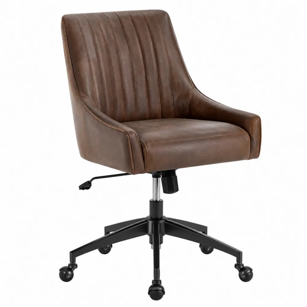 Chaise de bureau pivotante en cuir synthétique PU marron avec accoudoirs et base à roulettes en acier noir 63 x 65 x 92 à 104 cm