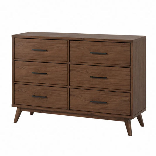 Commode de chambre 6 tiroirs 120 x 40 x 76 cm en placage noyer brun avec poignées noires et pieds en bois massif