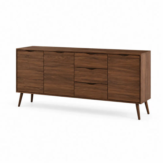 Buffet de salle à manger 2 portes et 3 tiroirs MDF placage noyer 160 cm x 40 cm x 75 cm