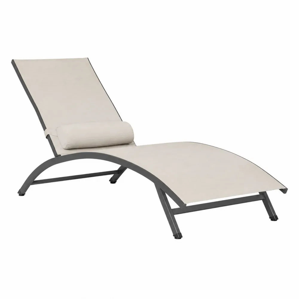 Chaise longue de jardin réglable en acier gris et textilène beige avec coussin appui-tête 170 x 60 x 80 cm
