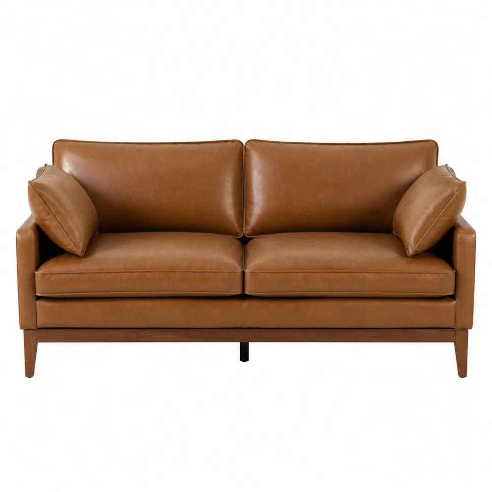 Canapé deux places en cuir PU camel structure bois massif et contreplaqué 170 x 86 x 88 cm marron noir