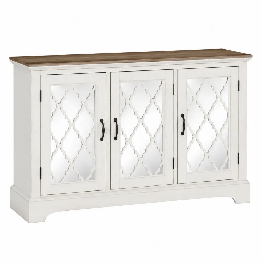 Buffet de salle à manger 160 cm x 40 cm x 90 cm MDF blanc plateau en placage chêne 3 portes décoratives ajourées