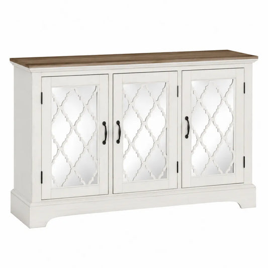 Buffet de salle à manger 160 cm x 40 cm x 90 cm MDF blanc plateau en placage chêne 3 portes décoratives ajourées