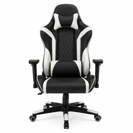 Chaise de bureau gaming pivotante à roulettes en similicuir PU noir et blanc réglable 70 x 65 x 125 à 135 cm