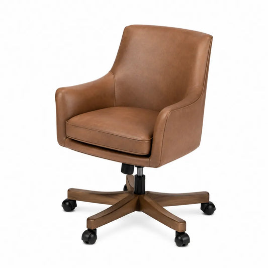 Fauteuil de bureau pivotant 63 cm x 65 cm x 84-94 cm en cuir synthétique PU marron cognac avec base en bois et roulettes