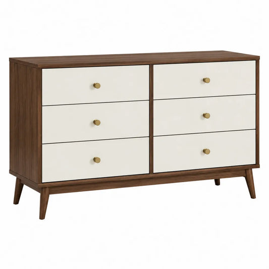 Commode 140 cm x 45 cm x 80 cm en bois décor noyer et MDF blanc avec 6 tiroirs et poignées dorées