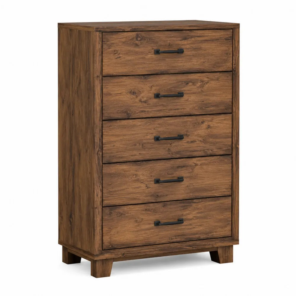 Commode haute rectangulaire 5 tiroirs décor chêne brun en panneaux de particules avec poignées métal noir
