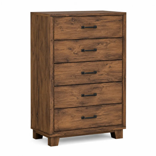 Commode haute rectangulaire 5 tiroirs décor chêne brun en panneaux de particules avec poignées métal noir