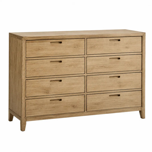 Commode 125 cm x 42 cm x 82 cm en MDF effet chêne naturel avec 8 tiroirs et poignées intégrées