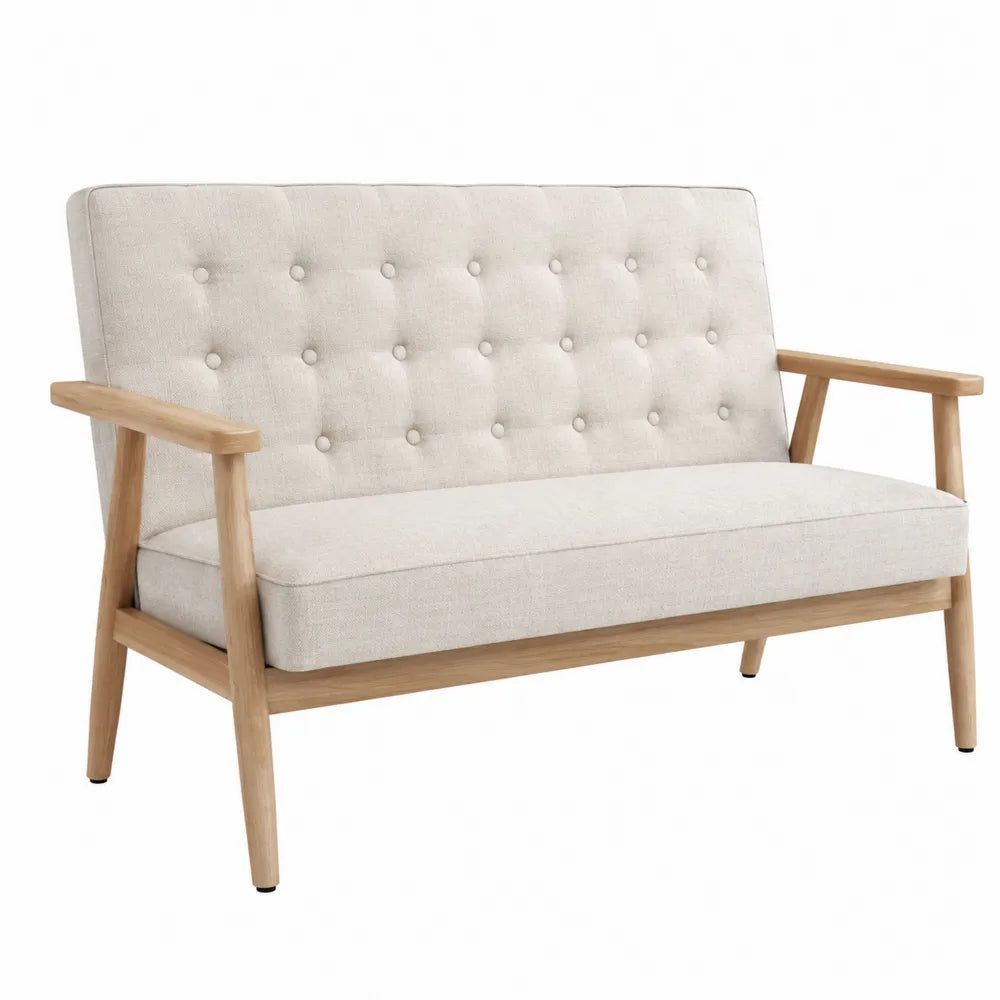Canapé deux places capitonné tissu beige bois massif hévéa naturel 132 x 77 x 83 cm avec accoudoirs droits