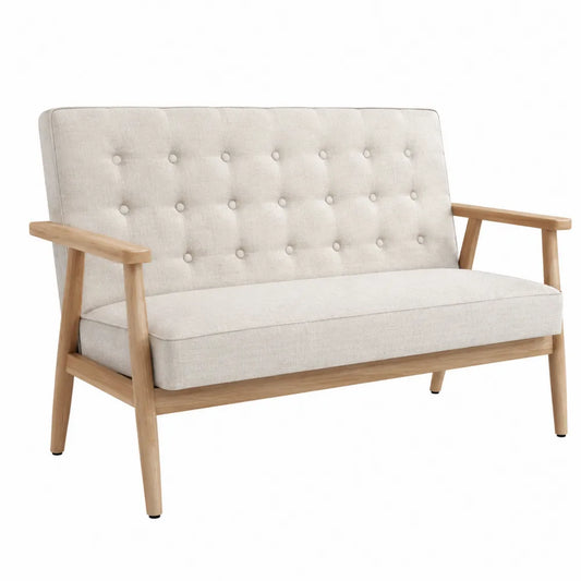 Canapé deux places capitonné tissu beige bois massif hévéa naturel 132 x 77 x 83 cm avec accoudoirs droits