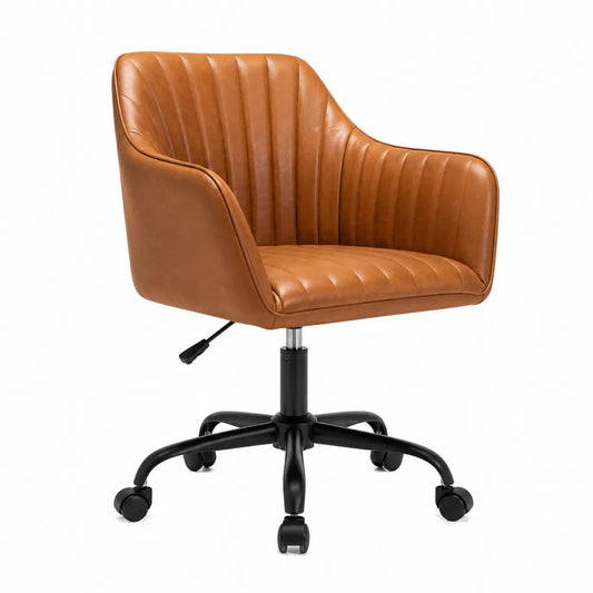 Chaise de bureau pivotante à roulettes en simili cuir PU cognac avec accoudoirs et réglage en hauteur base noire 60 x 60 x 85 à 95 cm