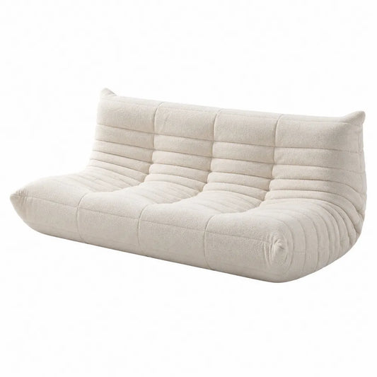 Canapé 2 places au sol 170 cm x 102 cm x 72 cm polyester bouclé crème sans pieds structure monobloc