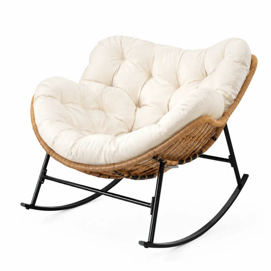 Fauteuil à bascule papasan extérieur rond en résine tressée PE acier thermolaqué coussin polyester écru 115 x 100 x 92 cm brun écru noir